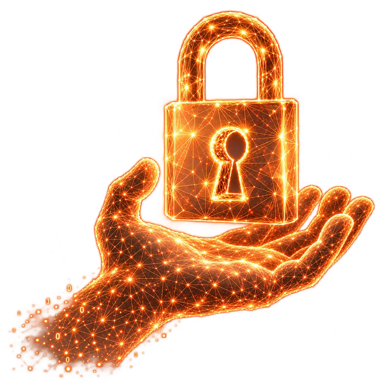 A holographic hand and padlock made of glowing orange mesh and particles